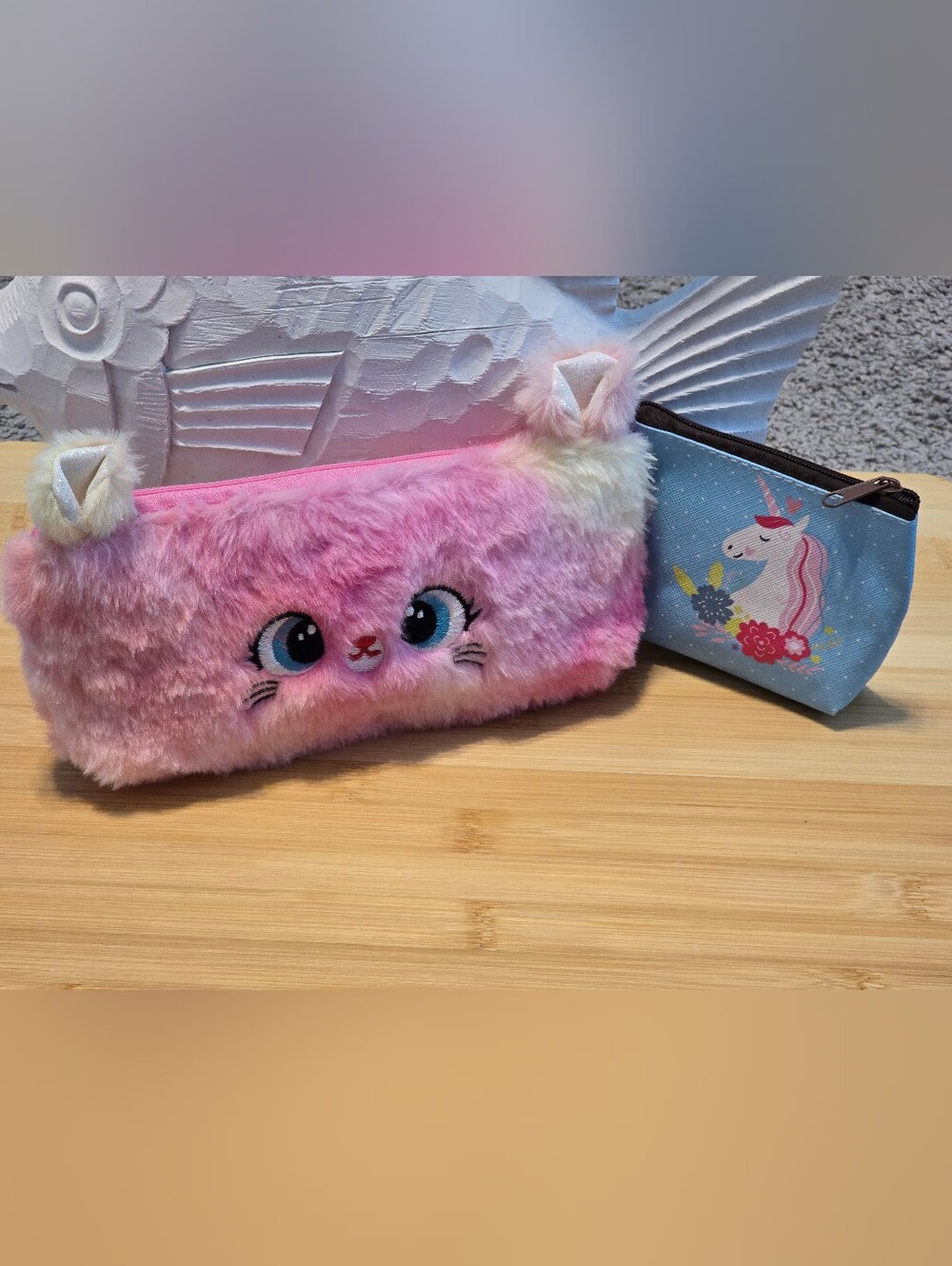 Set of 2 Plush Fuzzy Cat Pencil Pouch and Blue Floral Unicorn Mini Coin Purse